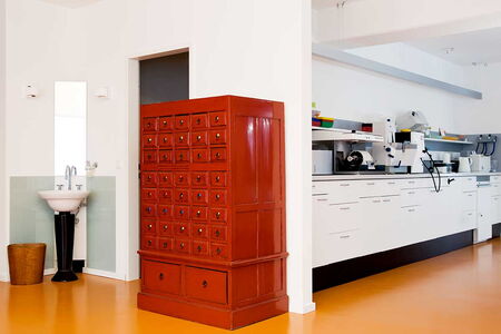 Meisterlabor - Labortische und Schrank mit Fächern